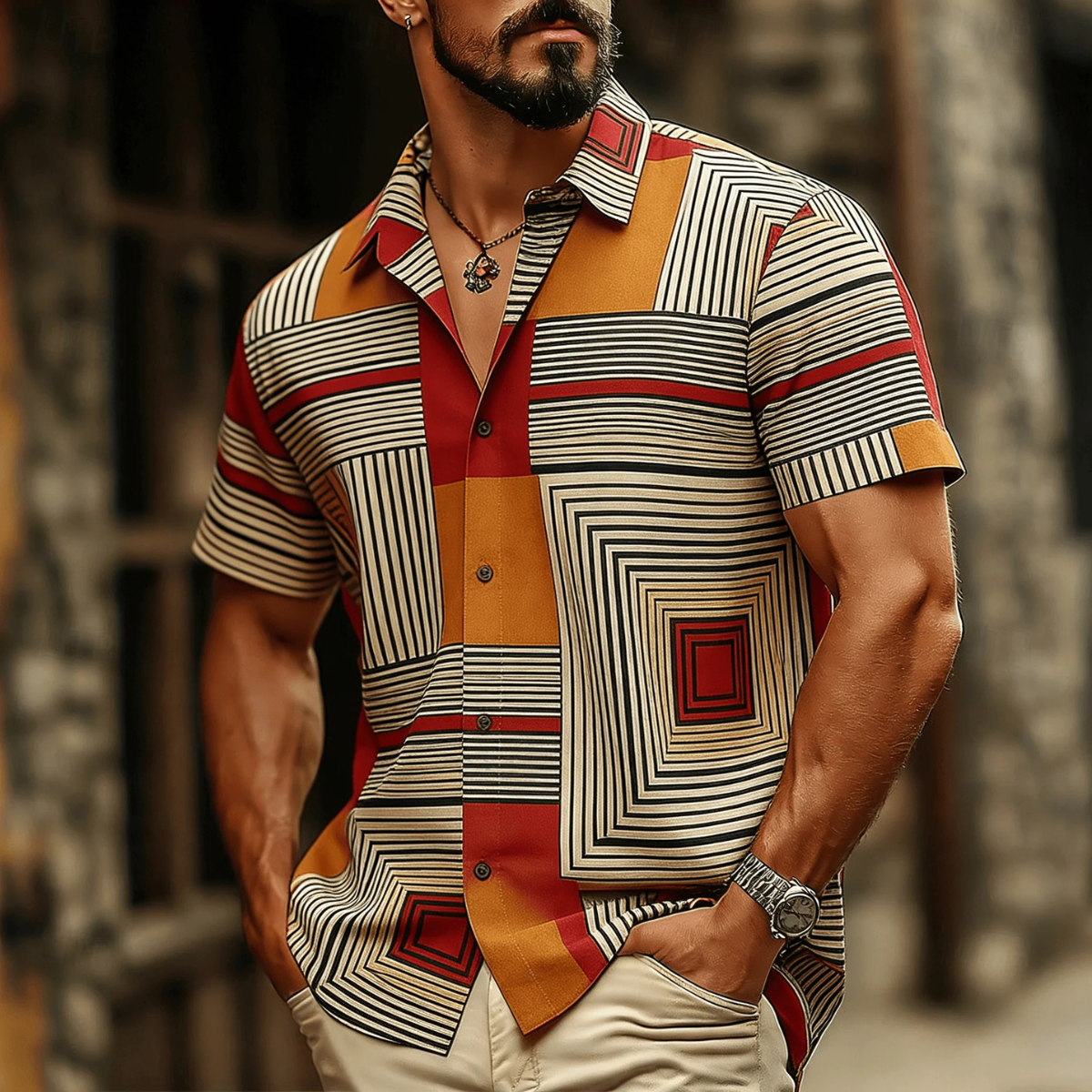 The Rockefeller Men's Retro Geometric Print Shirt