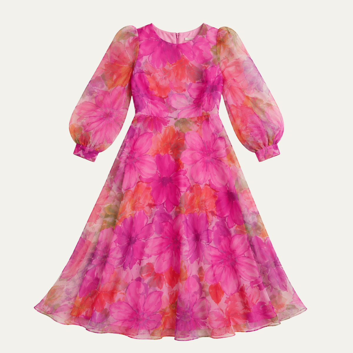 Pink Floral Midi Dress with Sheer Long Sleeves