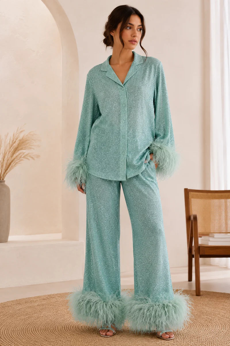 Women's Button Front Top and Wide eg Pants Set with Feather Trim Cuffs