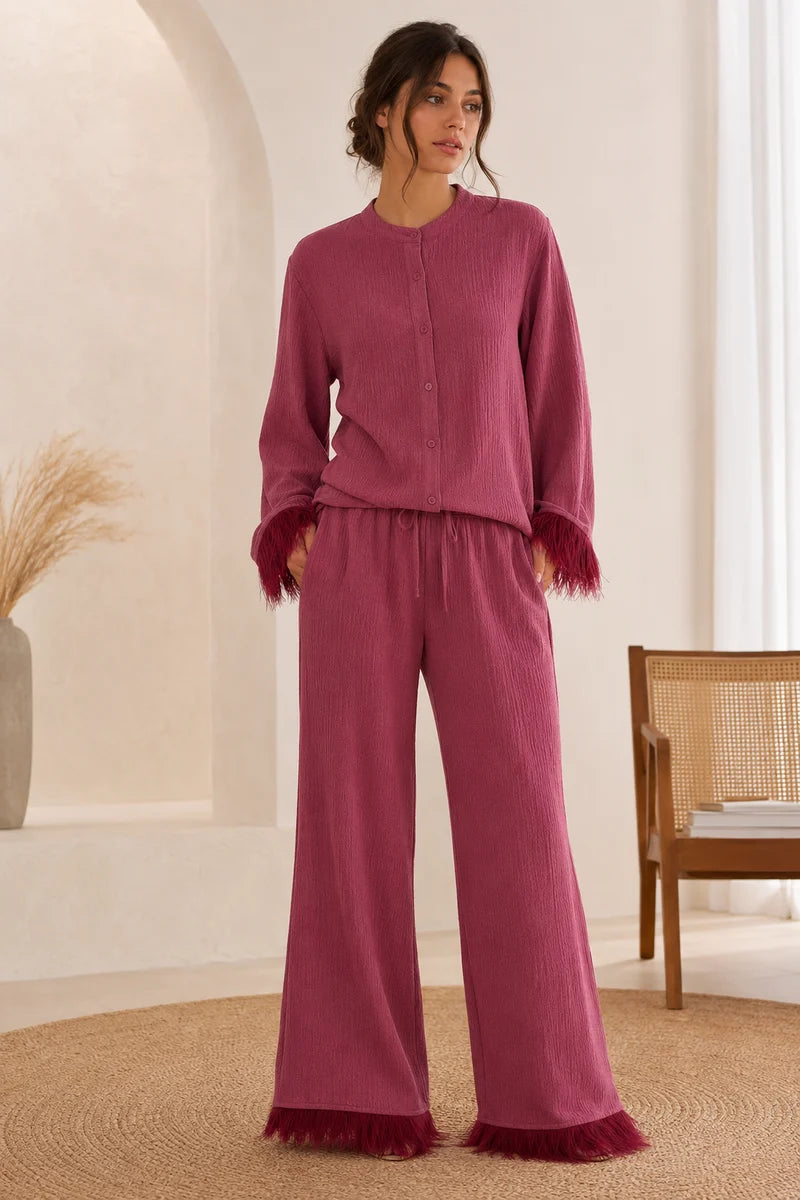 Women's Button Front Top and Wide eg Pants Set with Feather Trim Cuffs