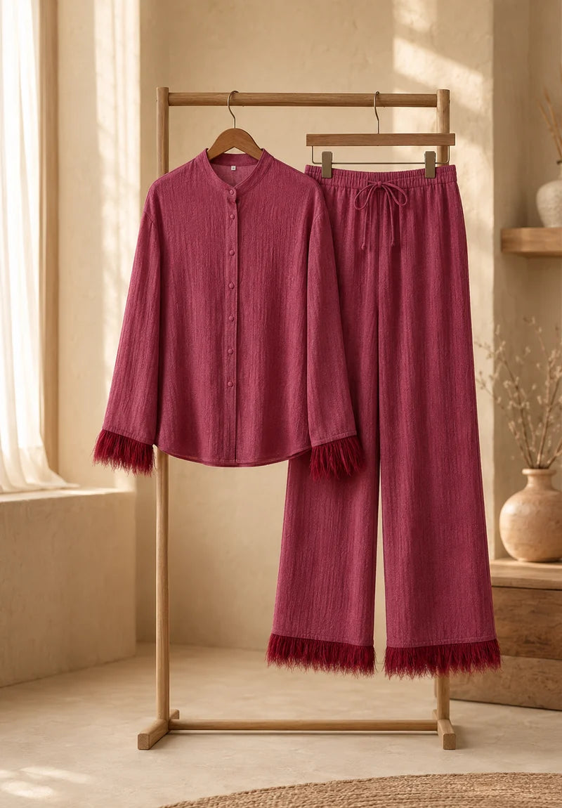 Women's Button Front Top and Wide eg Pants Set with Feather Trim Cuffs