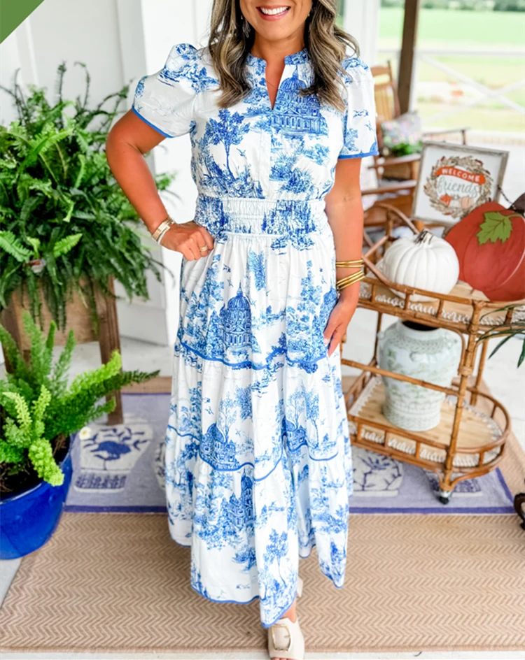 Elegant Smocked Waist Maxi Dress with Puff Sleeves