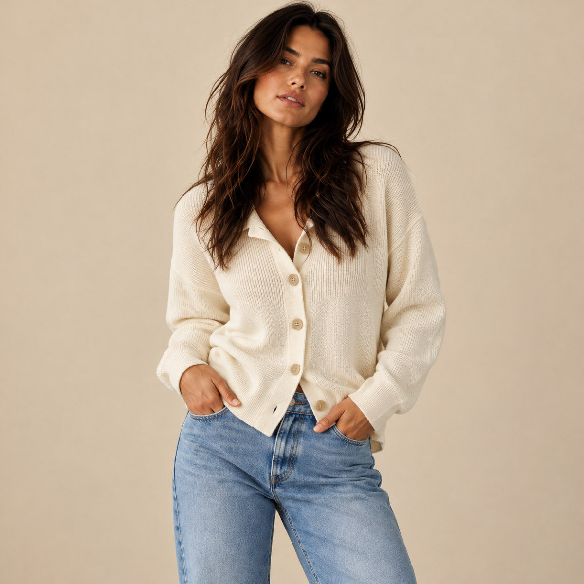 Women's V Neck Cardigan with Collared Neckline