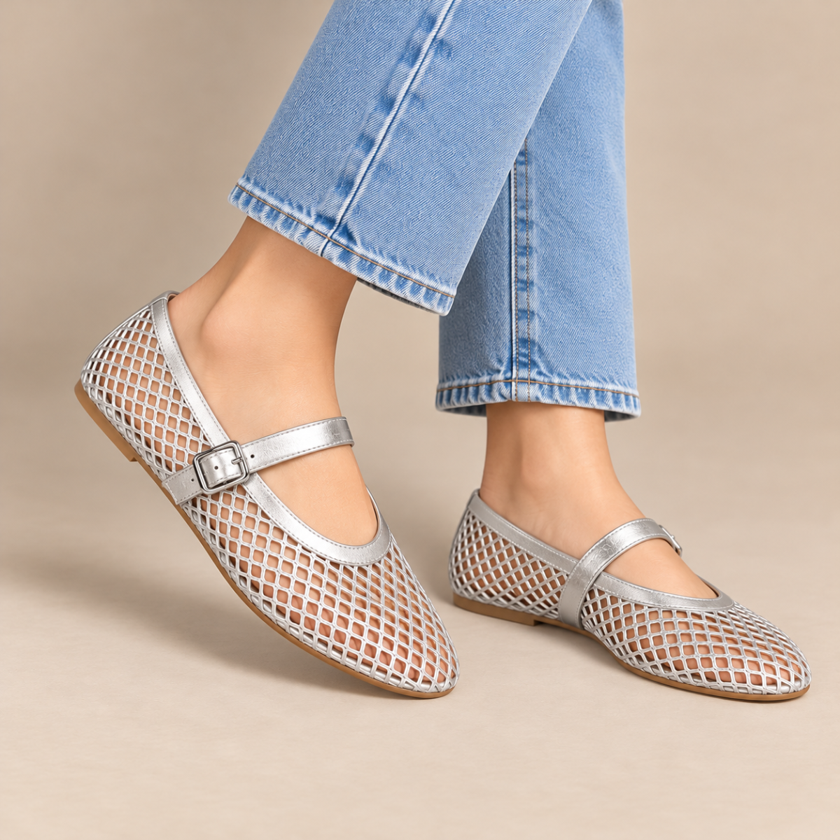 Women's Mesh Ballet Flats with Buckle Strap