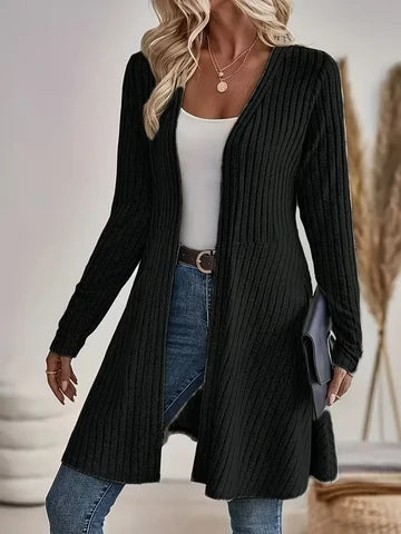 Women's Casual Ribbed V Neck Long Cardigan