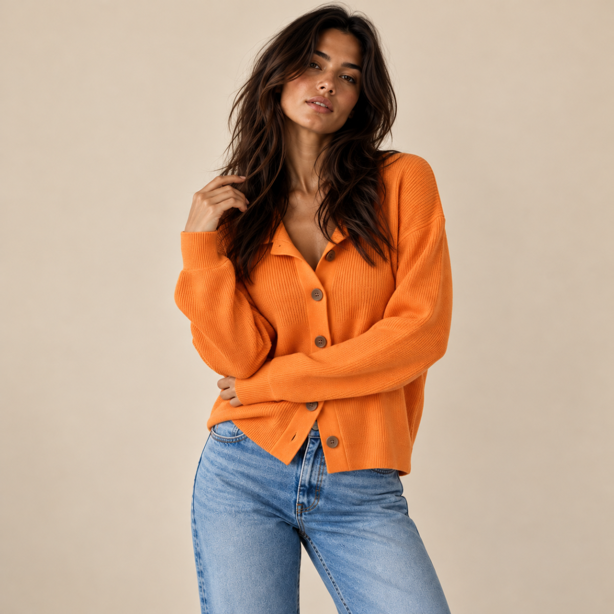 Women's V Neck Cardigan with Collared Neckline