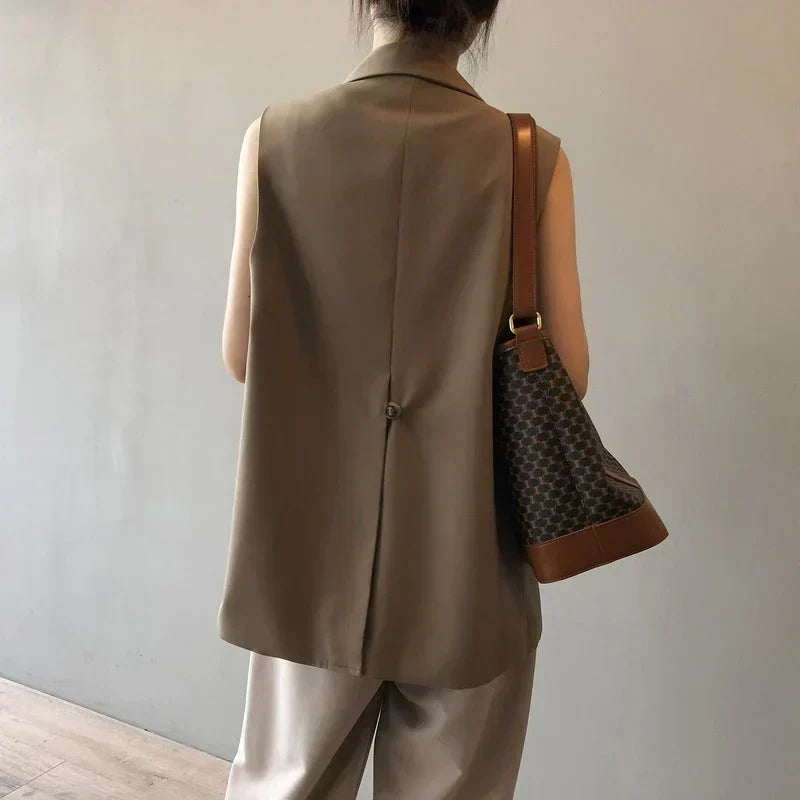 Women's Sleeveless Beige Blazer