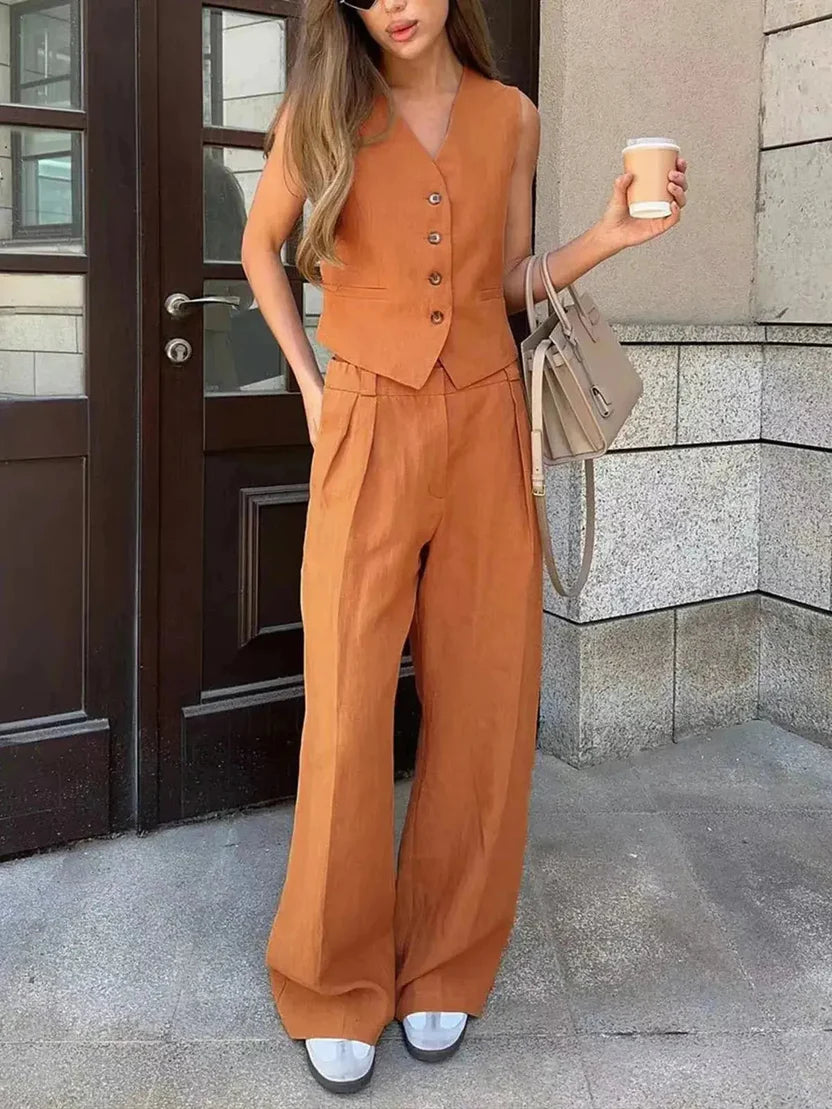 Orange Two Piece Vest and Wide Leg Pants Set