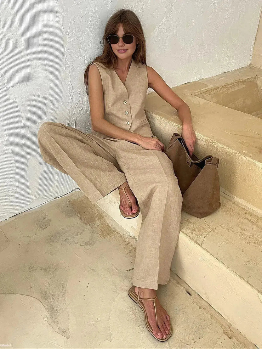 Orange Two Piece Vest and Wide Leg Pants Set