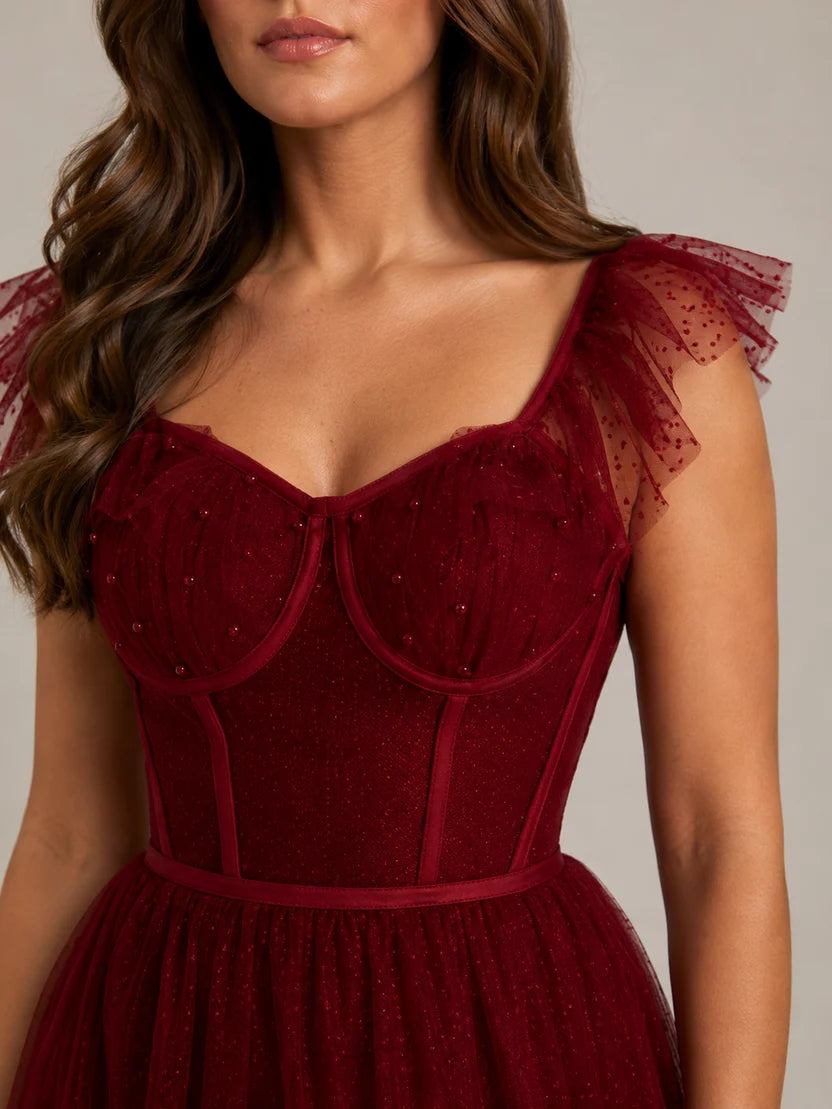 Women's Corset Maxi Party Dress with Tulle Ruffle Sleeves