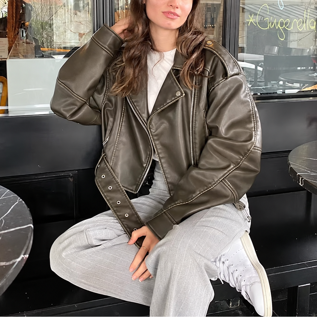 Women's Biker Style Jacket, Cropped Black