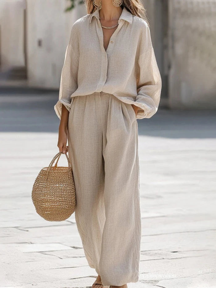 Women's Oversized Button Up Shirt and Wide Leg Pants Set