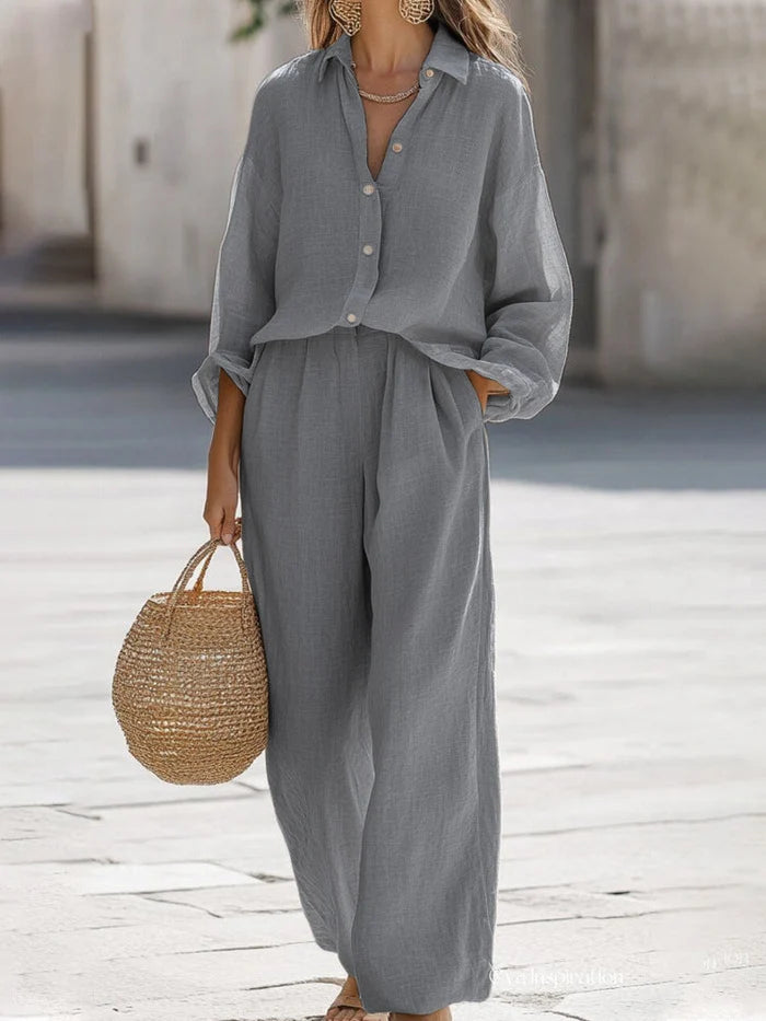 Women's Oversized Button Up Shirt and Wide Leg Pants Set