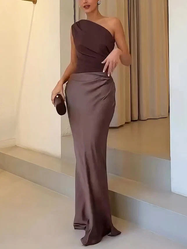 One Shoulder Pleated Maxi Dress