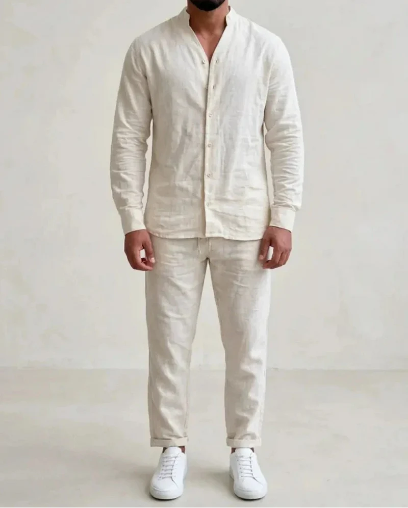 The Monferrato Men's Stand Collar Linen Shirt and Trouser Set
