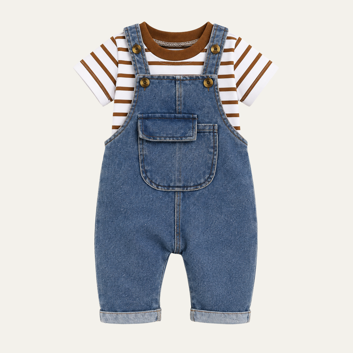 Baby Boys Denim Overalls Set – Striped T Shirt & Bib Pants