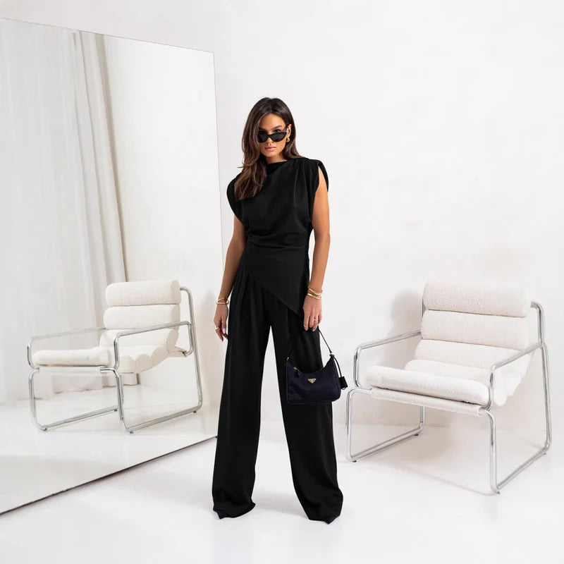 Women's Draped Sleeveless Top and High Waist Wide Leg Pants Set