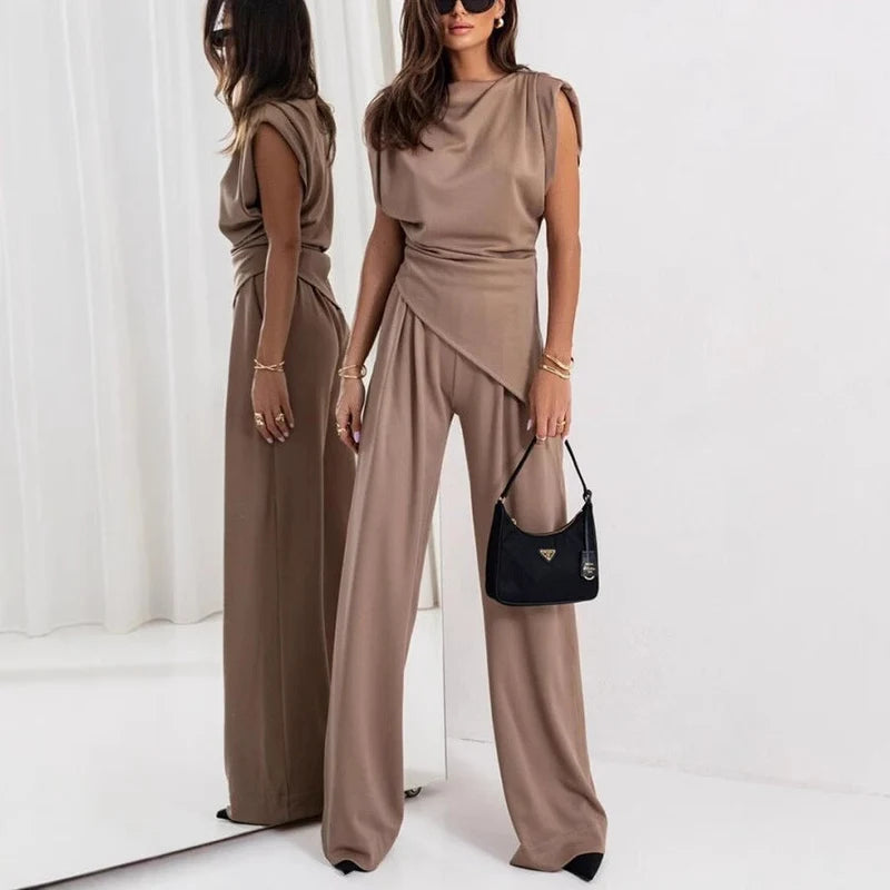 Women's Draped Sleeveless Top and High Waist Wide Leg Pants Set