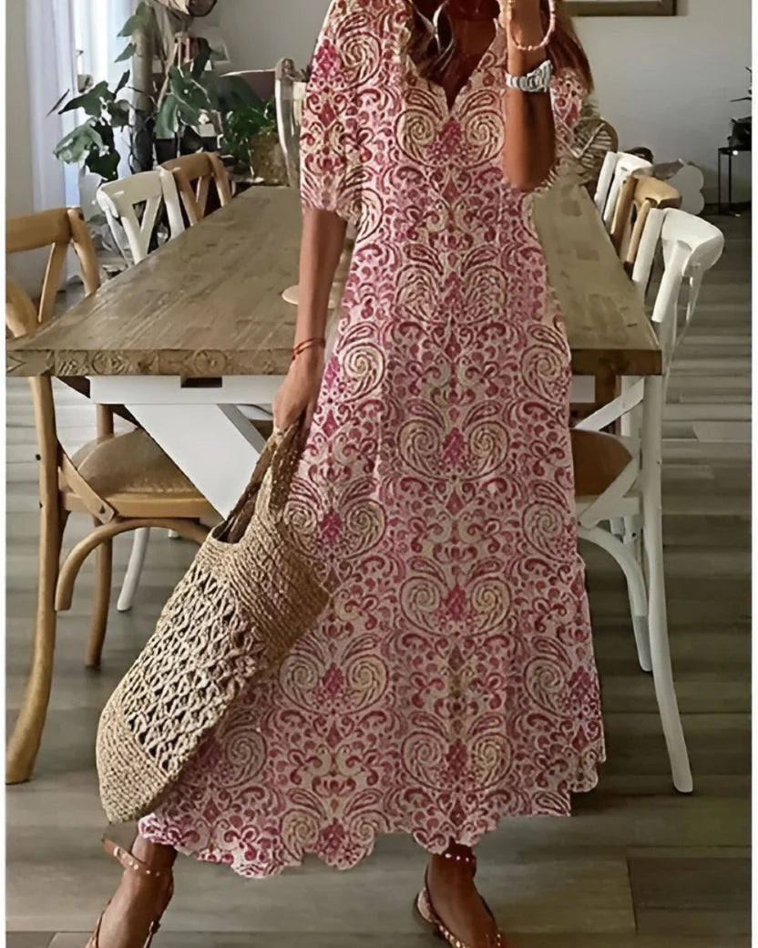 Boho Print Maxi Dress with V Neck and Puff Sleeves