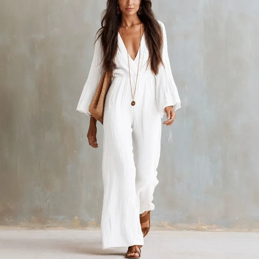 Wide Leg Jumpsuit with Deep V Neck and Flare Sleeves