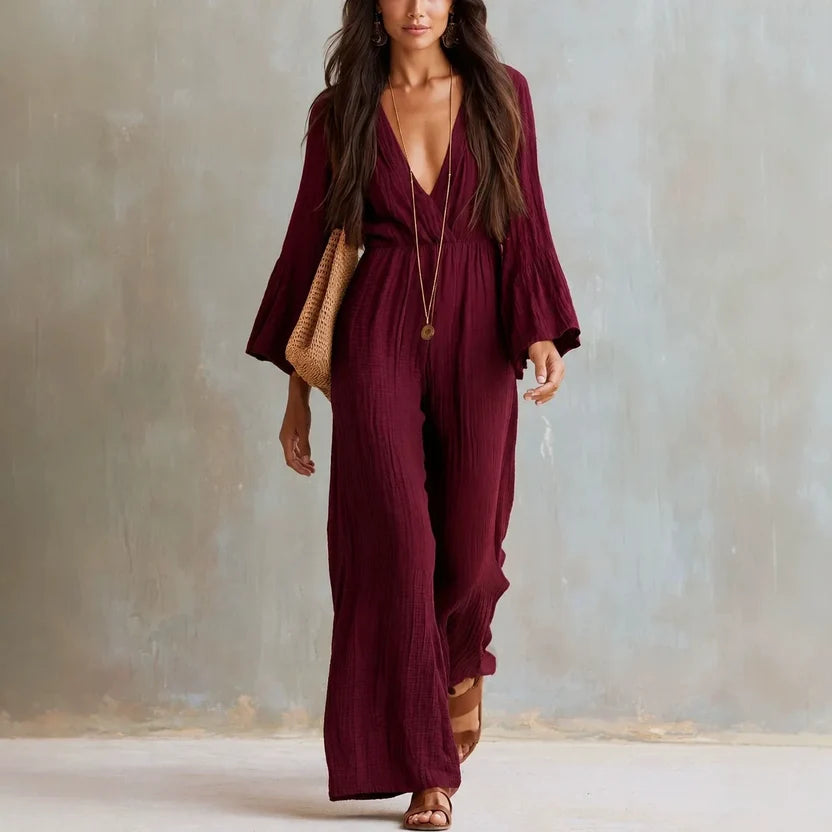 Wide Leg Jumpsuit with Deep V Neck and Flare Sleeves