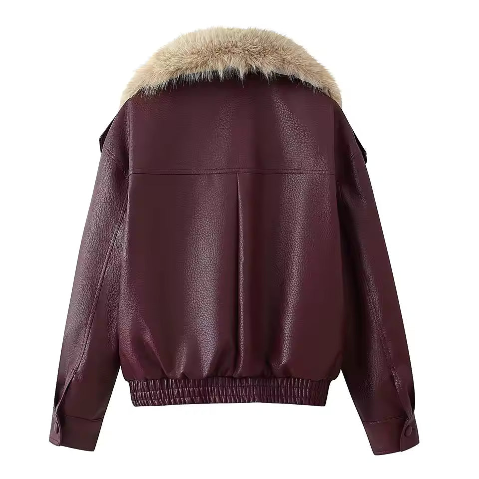 Women's Wine Red Jacket with Fur Collar