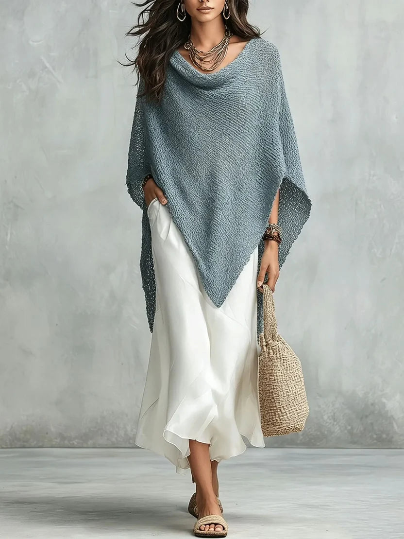 Knit Poncho and White Maxi Skirt Two Piece Set