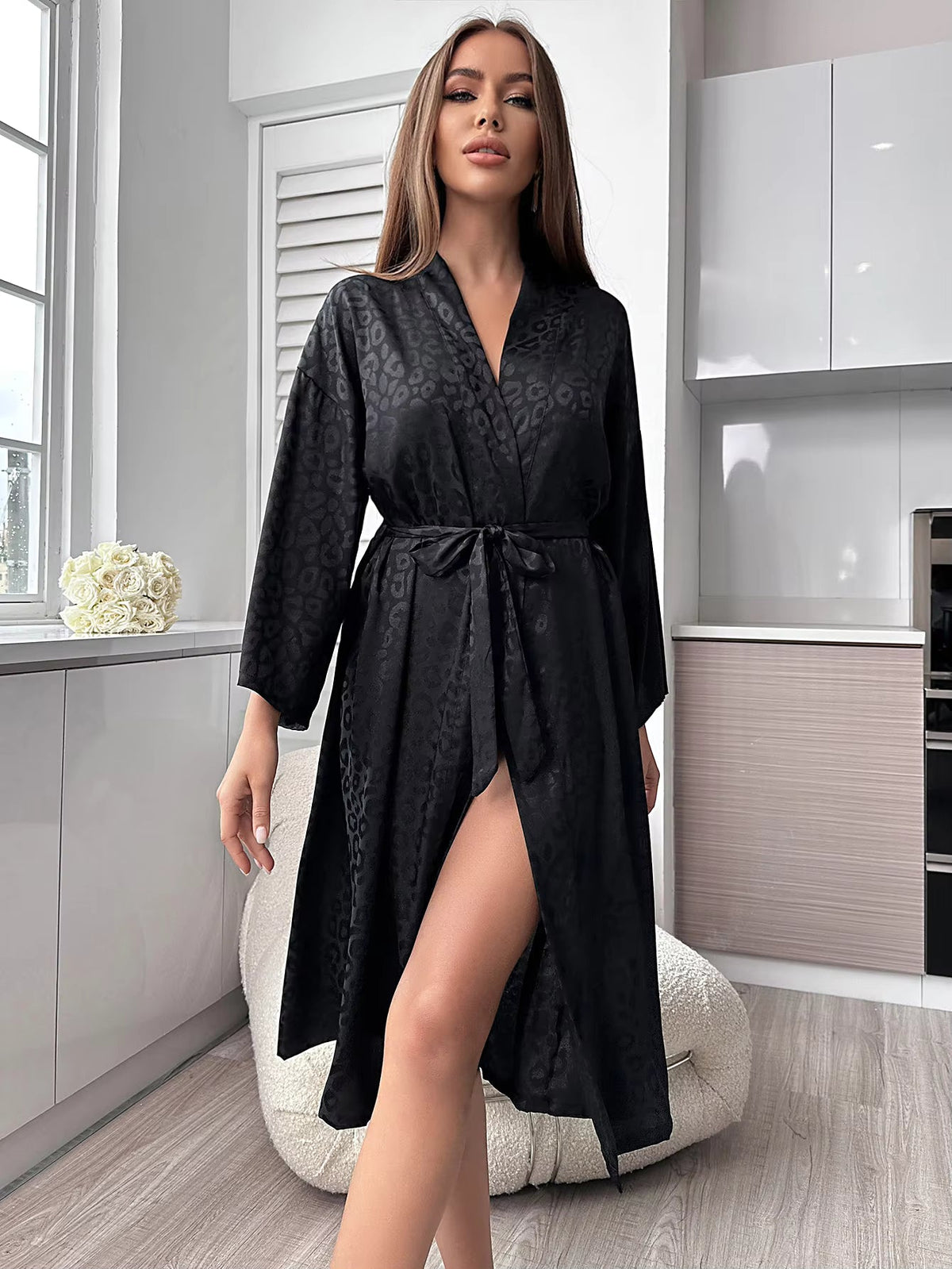 Women's Leopard Satin Robe, Wrap Cut