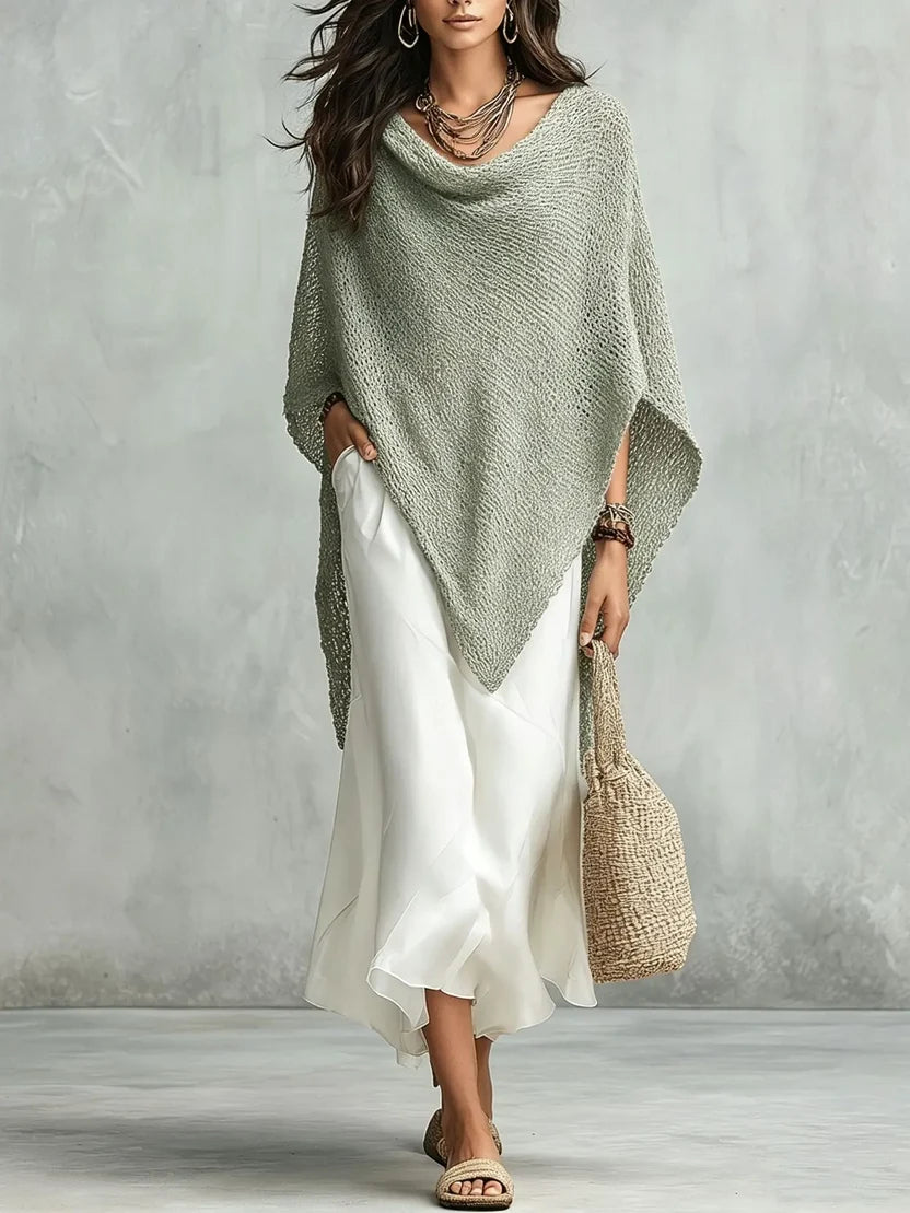 Knit Poncho and White Maxi Skirt Two Piece Set