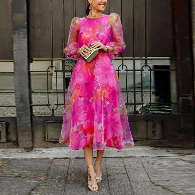 Pink Floral Midi Dress with Sheer Long Sleeves