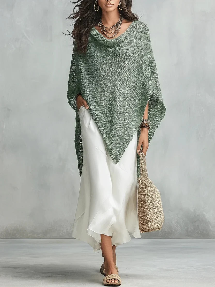 Knit Poncho and White Maxi Skirt Two Piece Set