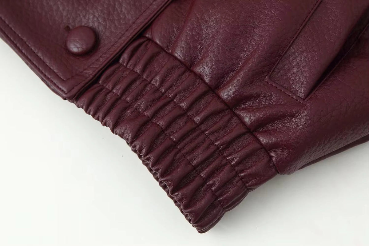Women's Wine Red Jacket with Fur Collar