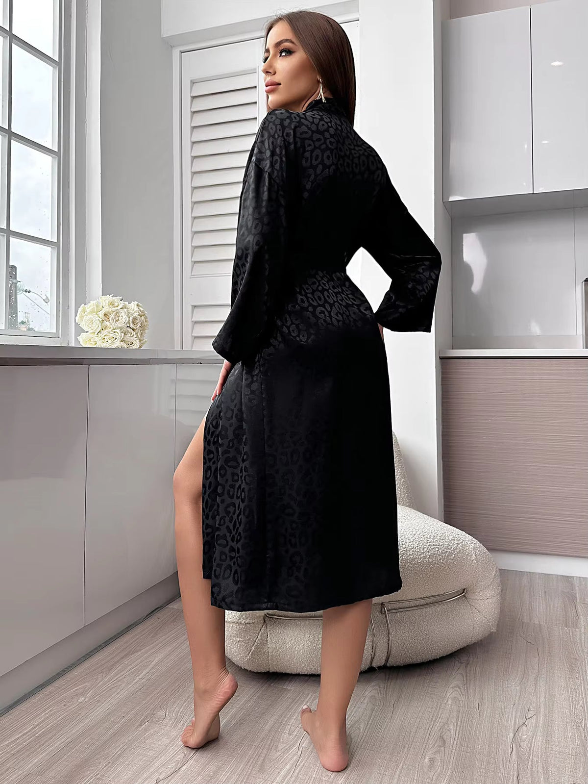 Women's Leopard Satin Robe, Wrap Cut