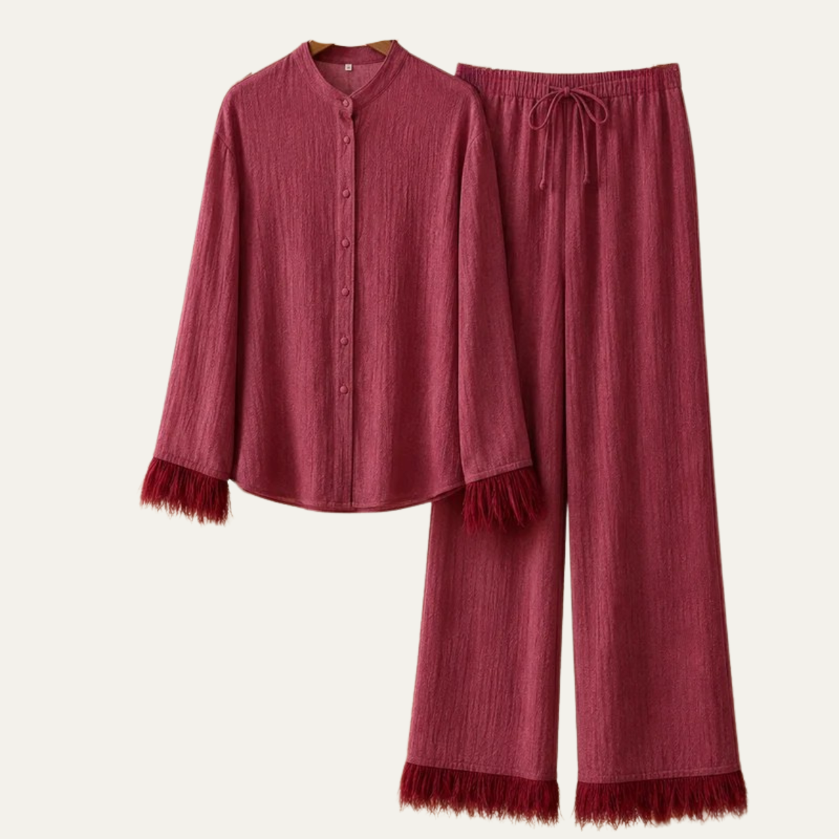 Women's Button Front Top and Wide eg Pants Set with Feather Trim Cuffs