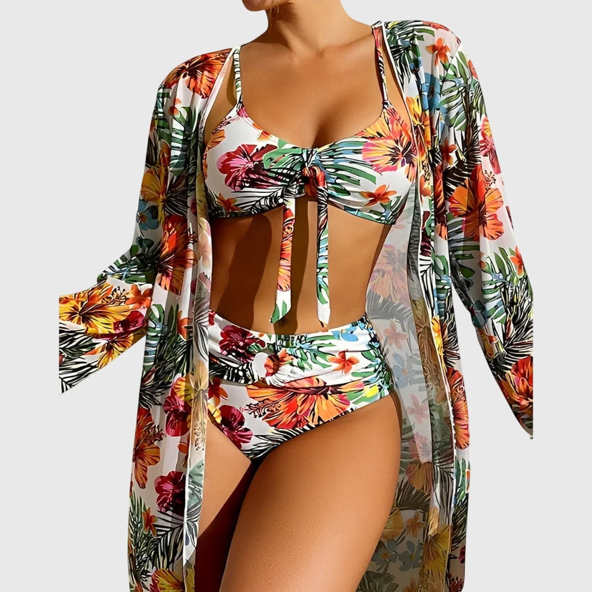 Tropical Floral High Waisted 3 Piece Bikini Set
