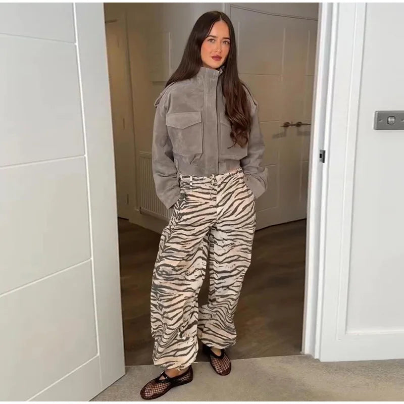 Women's Utility Bomber in Gray Suede Look