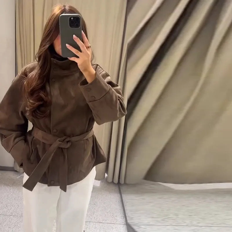 Women's Brown Jacket with Tie Waist