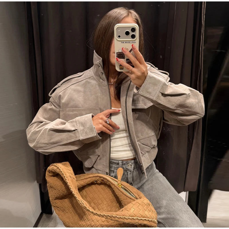 Women's Utility Bomber in Gray Suede Look
