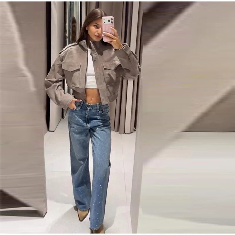 Women's Utility Bomber in Gray Suede Look