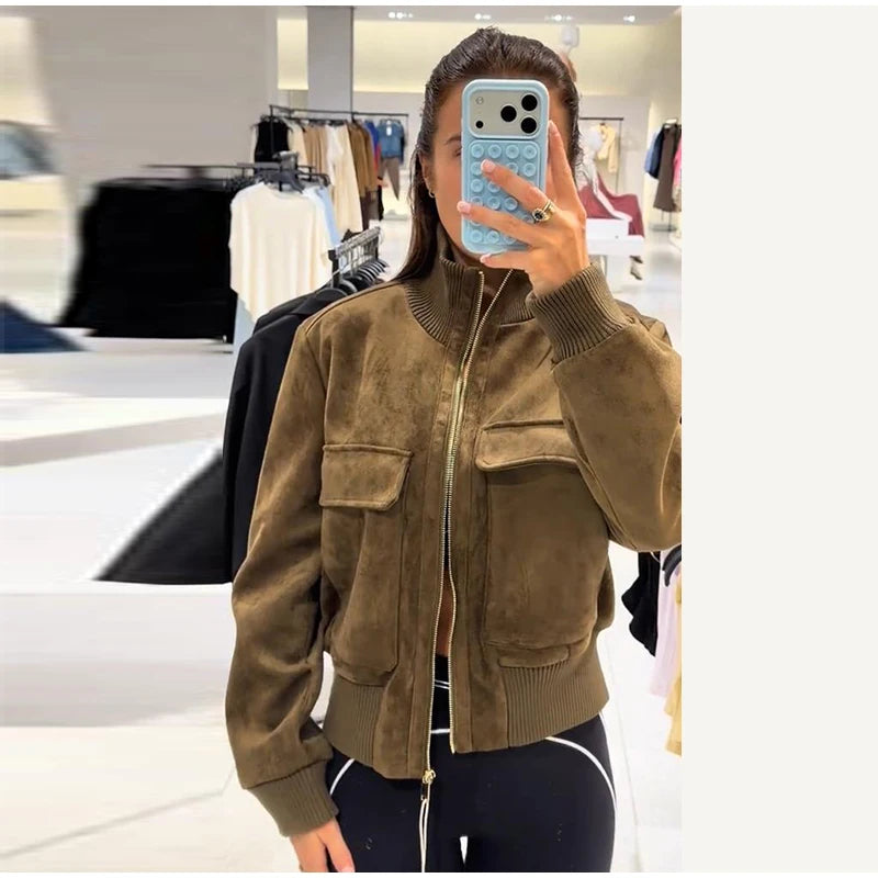 Women's Brown Bomber in Suede Look