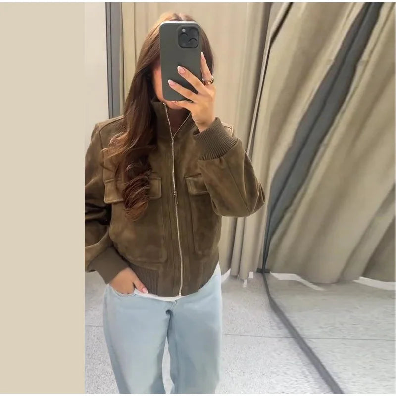 Women's Dark Brown Bomber with Stand Collar
