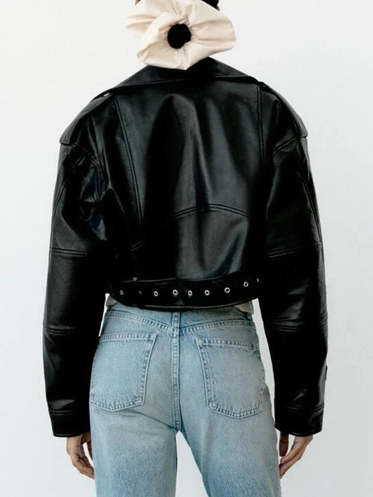 Women's Biker Style Jacket, Cropped Black