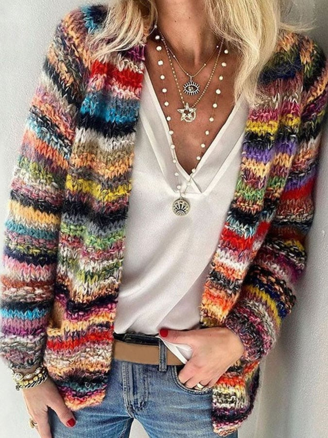 Women's Multicolor Striped Knit Open Front Cardigan