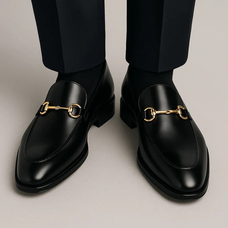 The Caernarfon Men's Black Faux Leather Horsebit Foral Loafers