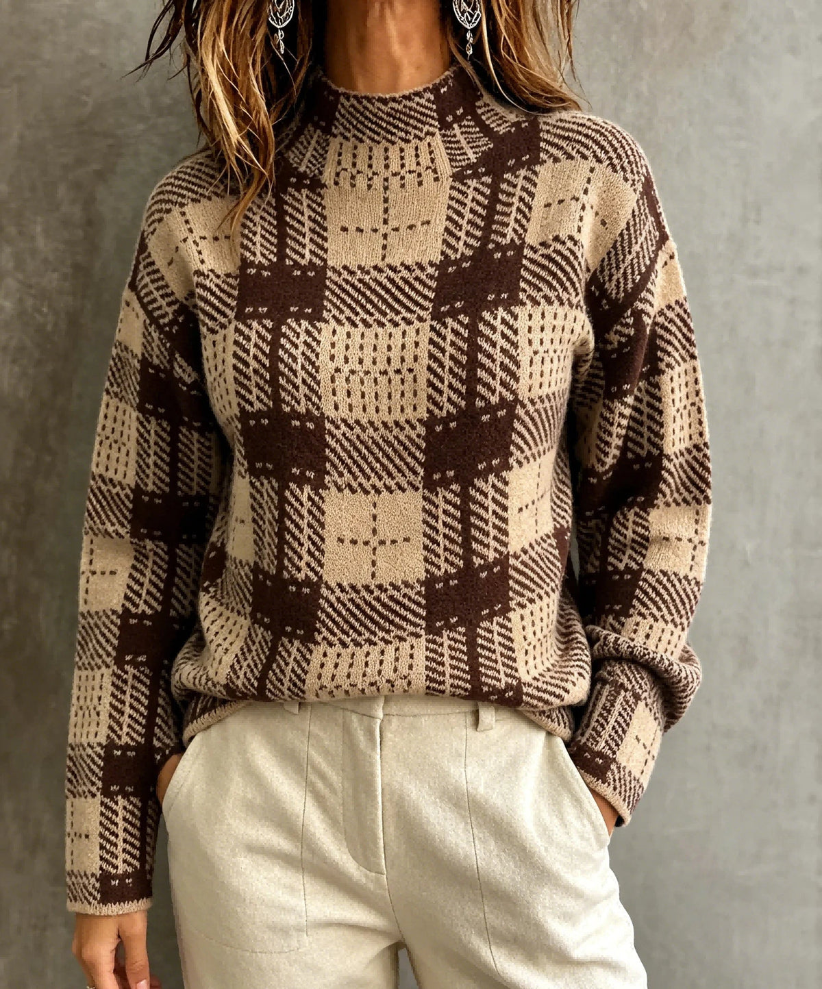 Women's Check Knit Top with Mock Neck