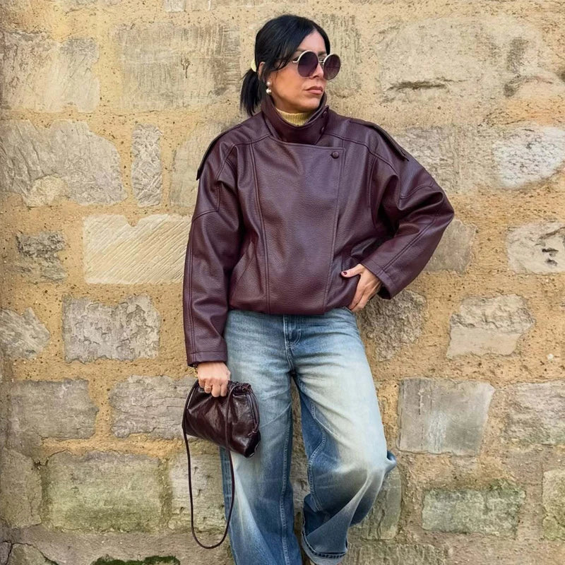 Women's Relaxed Bomber Jacket in Faux Leather