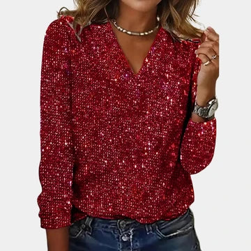 Women's Glitter V Neck Long Sleeve Top