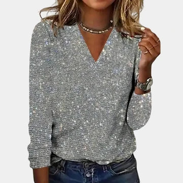 Women's Glitter V Neck Long Sleeve Top
