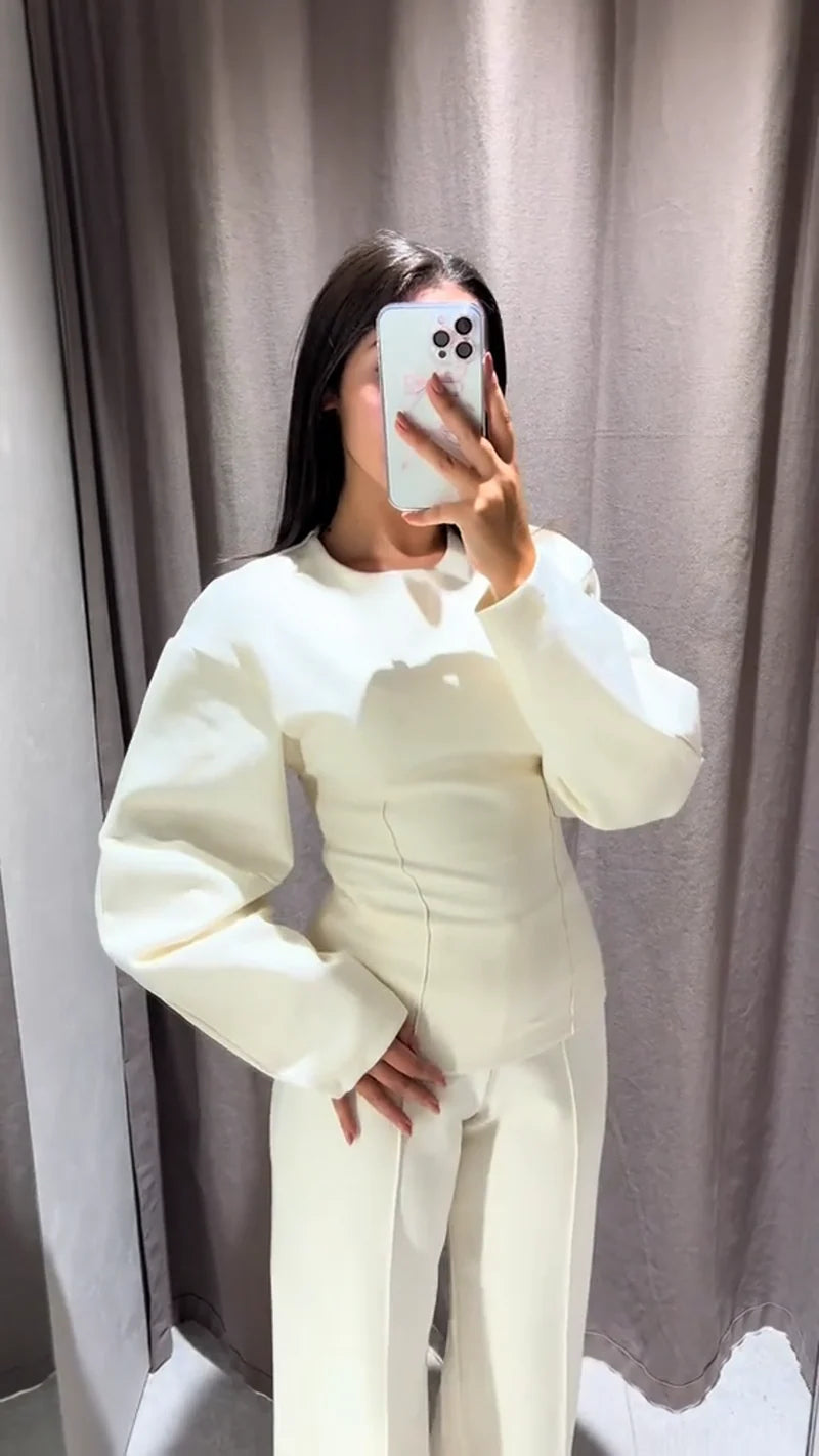 Women's Balloon Sleeve Fitted Top and Wide Leg Pants Set