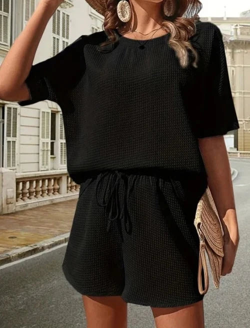 Women's Ribbed Two Piece Set with Relaxed Top and Drawstring Waist